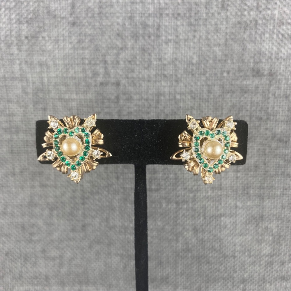 Vintage Green Rhinestone Heart + Silver Screw Back